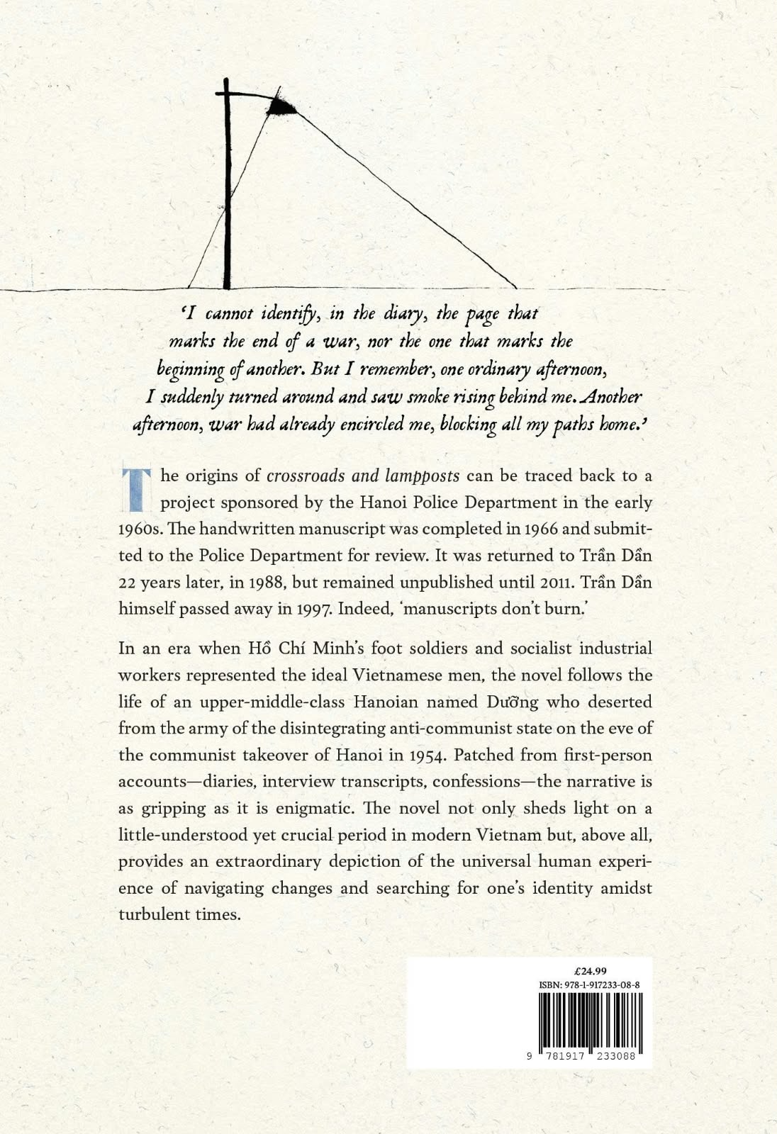Back cover of Crossroads and Lampposts with blurb