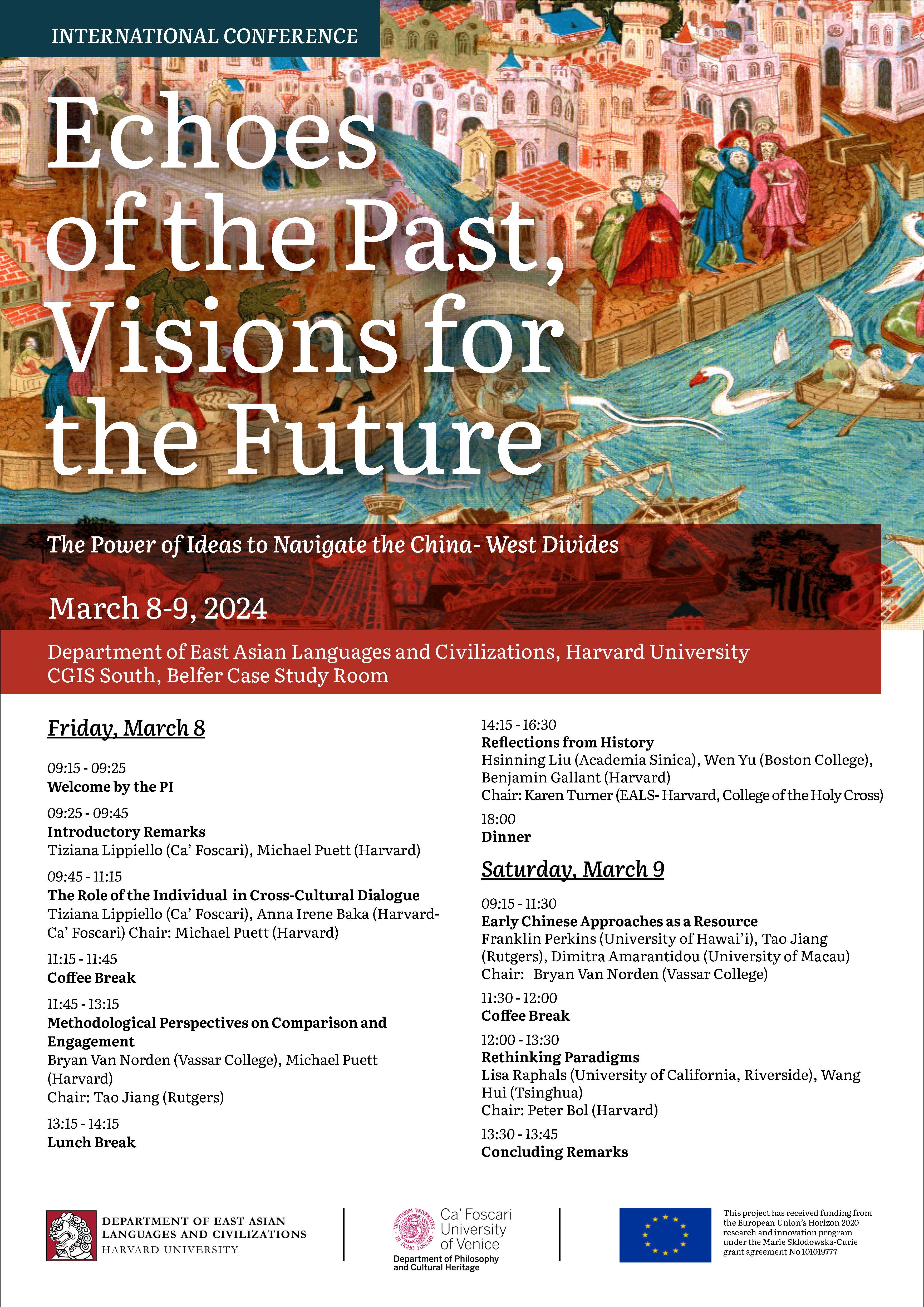 Poster for the Echoes of the Past, Visions of the Future comparitive philosophy conference, which will be held March 8-9, 2024, in the CGIS South building