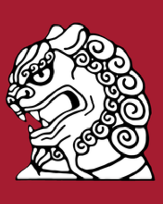 Line art showing the head of a Chinese lion, holding a wisdom pearl in its mouth, in black and white on a flat background of dark red.